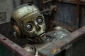 Old rusty robot lying down and waiting in a junkyard