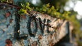 A close up of a rusty sign with barbed wire and ivy growing on it, AI