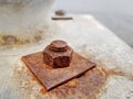 High Angle View of Rusty Steel Bolt Nut and Washer