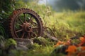 close-up of rusty tractor wheel in overgrown field