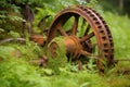 close-up of rusty tractor wheel in overgrown grass