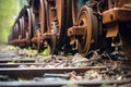 close-up of rusty train wheels off the tracks