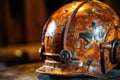 close-up of a rusty vintage firefighter helmet