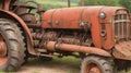 A close-up of a rusty vintage tractor in a village barn.