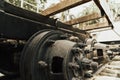 Close up of the rusty wheel train on the railway track Royalty Free Stock Photo