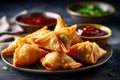 A plate of samosas with sauce Indian food. Generative AI
