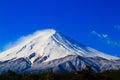 Close up of sacred mountain of Fuji on top covered with snow in Royalty Free Stock Photo