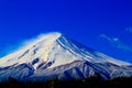 Close up of sacred mountain of Fuji on top covered with snow in Royalty Free Stock Photo