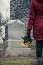 Close-up of a Sad in front of a Gravestone. Royalty Free Stock Photo