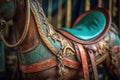 close-up of a saddle and stirrups on a vintage carousel horse