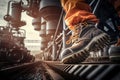 Close-up safety working shoe on a worker feet is standing at the factory. Neural network AI generated