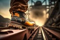 Close-up safety working shoe on a worker feet is standing at the factory. Neural network AI generated