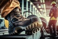 Close-up safety working shoe on a worker feet is standing at the factory. Neural network AI generated