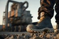 Close-up safety working shoe on a worker feet is standing at the factory. Neural network AI generated