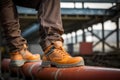 Close-up safety working shoe on a worker feet is standing at the factory. Neural network AI generated