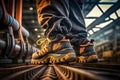 Close-up safety working shoe on a worker feet is standing at the factory. Neural network AI generated