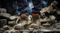 Close-up safety working shoe on a worker feet is standing at the factory, ready for working in danger workplace concept.