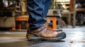Close-up safety working shoe on a worker feet is standing at the factory, ready for working in danger workplace concept