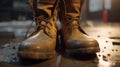 Close-up safety working shoe on a worker feet is standing at the factory, ready for working in danger workplace concept