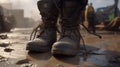 Close-up safety working shoe on a worker feet is standing at the factory, ready for working in danger workplace concept