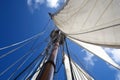 close-up of sailboat mast and rigging, with the sails billowing in the wind Royalty Free Stock Photo