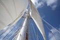 close-up of sailboat mast and rigging, with the sails billowing in the wind Royalty Free Stock Photo