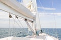 Close up of sailboat mast or yacht sailing on sea Royalty Free Stock Photo