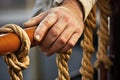 close-up of a sailors hand gripping a ship railing