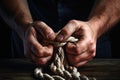 close-up of a sailors hands tying a knot on a rope