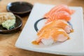 Close up salmon burned top with mayo in plate. Healthy Japanese Royalty Free Stock Photo