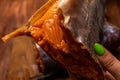 Close-up of a salmon carcass with fillet on the background of a cutting board