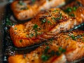 A close up of salmon in a pan