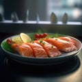 Close up salmon in the plate.Slices of Raw Salmon Fillet on Black Plate Background.