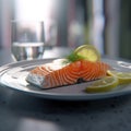 Close up salmon in the plate.Slices of Raw Salmon Fillet on Black Plate Background.