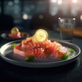 Close up salmon in the plate.Slices of Raw Salmon Fillet on Black Plate Background.