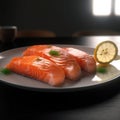 Close up salmon in the plate.Slices of Raw Salmon Fillet on Black Plate Background.