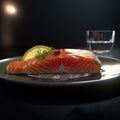 Close up salmon in the plate.Slices of Raw Salmon Fillet on Black Plate Background.