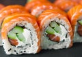 Close up of salmon roll sushi on table