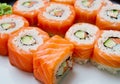 Close up of salmon roll sushi on table