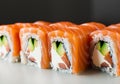 Close up of salmon roll sushi on table