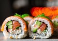 Close up of salmon roll sushi on table