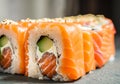 Close up of salmon roll sushi on table