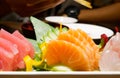 Close up Salmon, tuna sashimi at japanese restuarant.Sushi Sashimi is most popular with many countries.