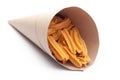 Close up of salted Soya Sticks Indian namkeen snacks In handmade handcraft brown paper cone bag