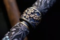 close-up of samurai sword handle with intricate details