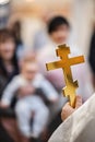 Close up of the Sanctification Cross for the baptism ceremony at the Orthodox Church Royalty Free Stock Photo