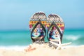 Close up sandals on the sand beach with starfish sandy beach. Summer and Holiday Royalty Free Stock Photo