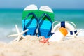 Close up sandals on the sand beach with sum block and starfish sandy beach. Royalty Free Stock Photo