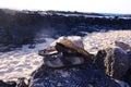 Close up of  sandals with straw sun hat on rock beach - El Cotillo, Fuerteventura Royalty Free Stock Photo