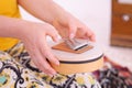 Close up of a sansula sound instrument played during a sound healing therapy healing session. Royalty Free Stock Photo